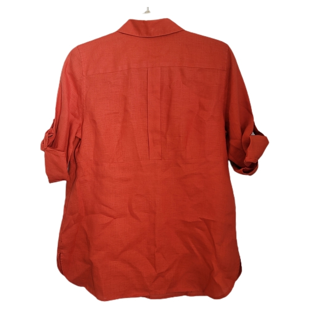 Chicos Top Womens Size 0P S Small Orange Linen Button Up Roll Tab Sleeve No Iron - Picture 5 of 7